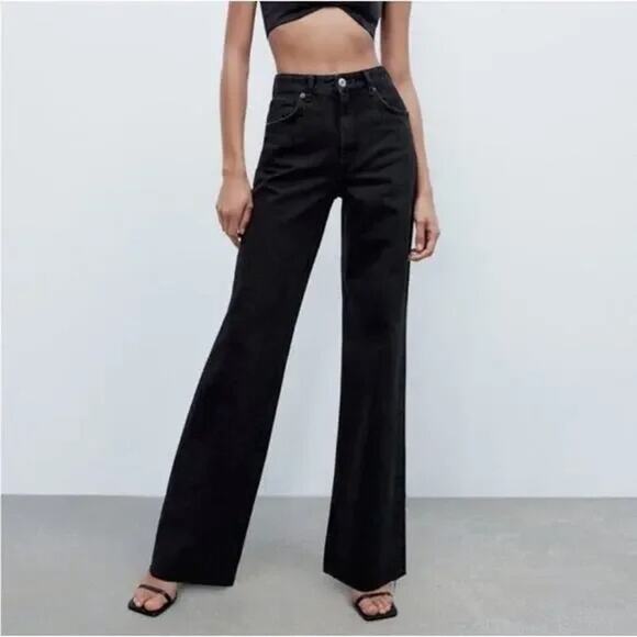 Zara Full Length Wide Leg Frayed Raw Hem High Rise Denim Jean 4 Black Washed - Picture 12 of 16